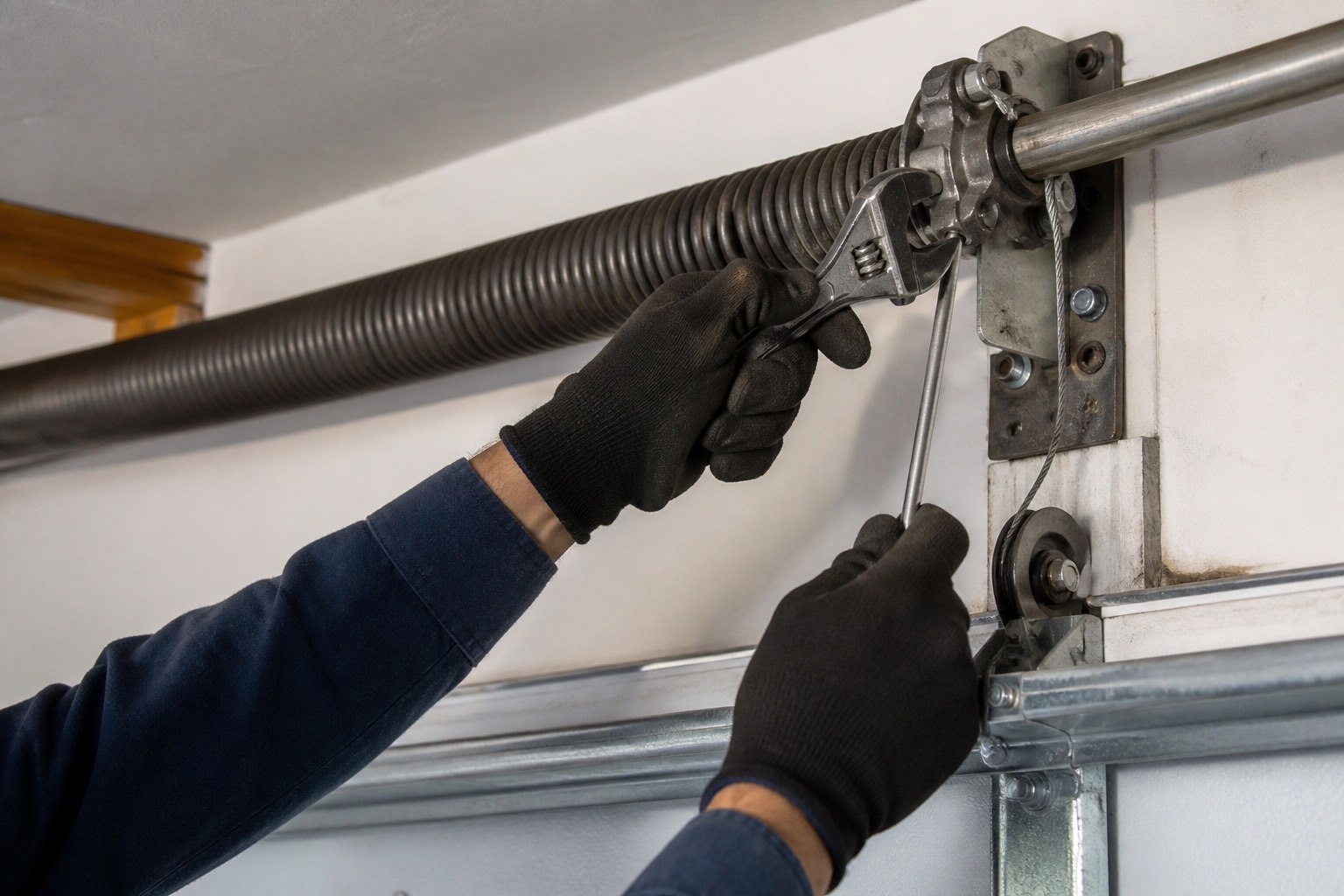 Technician adjusting garage door spring hardware